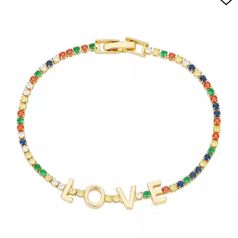 14K Gold Flash-Plated Brass Multi Color Cubic Zirconia "Love" Tennis Bracelet